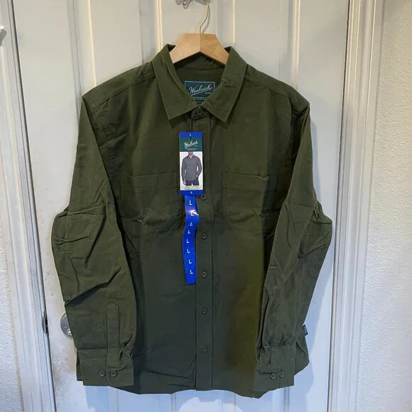 WOOLRICH Chamois Men 100% Brushed Cotton Button Up Long Sleeve Shirt Green L NEW - Picture 5 of 11